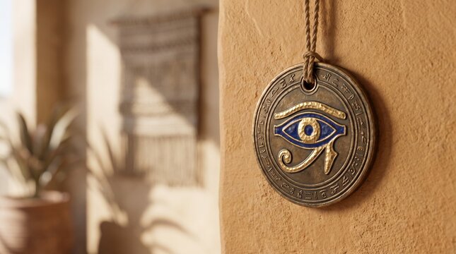 Amulet with eye symbol hanging on a textured wall, spiritual home decor