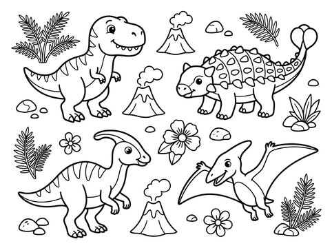 Cute cartoon dinosaur coloring page for kids with triceratops, stegosaurus, and pterodactyls