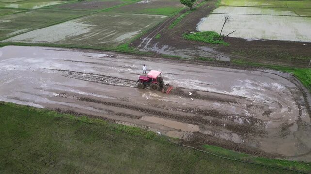 Aerial View of Indian Farmers Preparing Paddy Fields in Rural Village India
