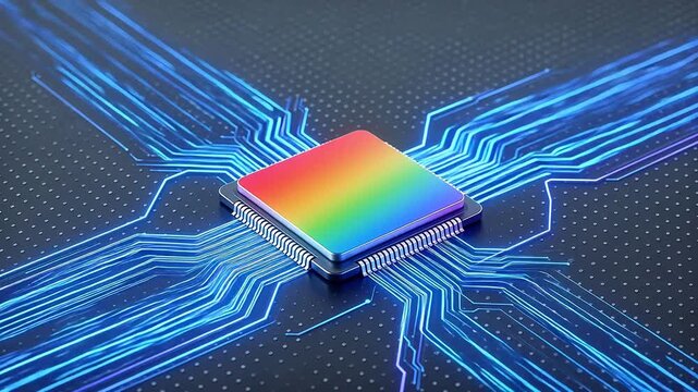 Colorful microchip with glowing circuit