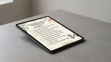 Obraz premium Digital eco-friendly Lunar New Year 2024 shopping list displayed on a tablet on a concrete desk