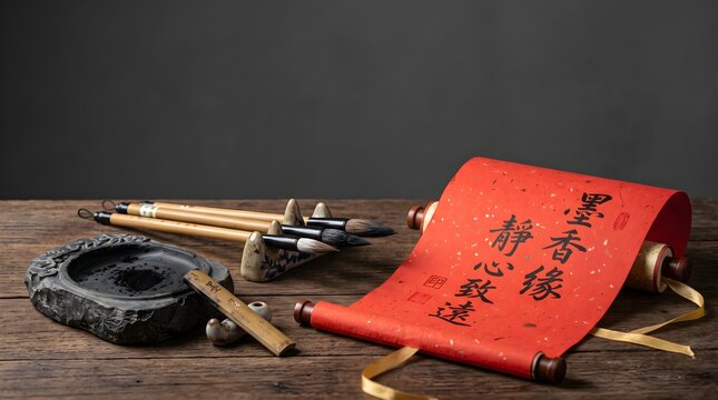 Traditional Chinese calligraphy tools and red ink scroll on a rustic wooden table background.