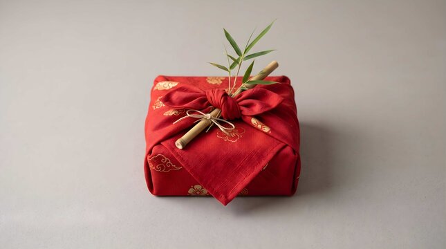 Traditional Lunar New Year gift wrapped in red fabric with gold patterns and bamboo decoration