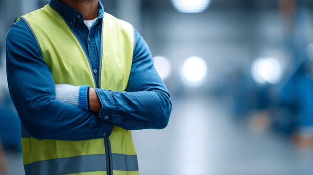 Worker in safety vest with crossed arms