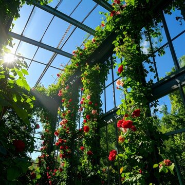 Sunlit interior of a glass botanical greenhouse with climbing red roses and green vines