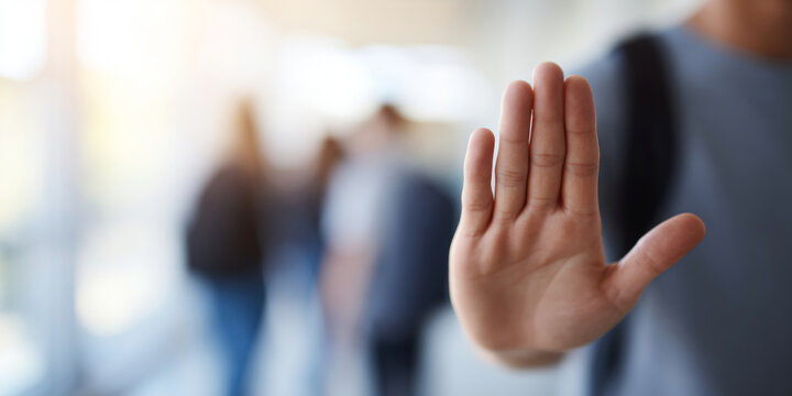 Person showing stop gesture with hand