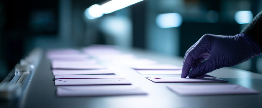 Hand sorting envelopes on table