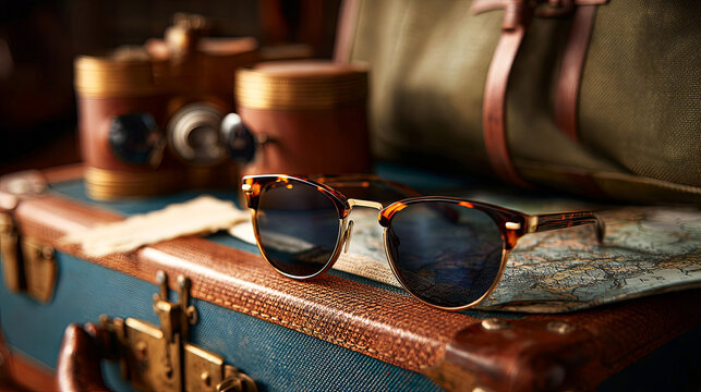 Vintage sunglasses resting on a leather suitcase with a map and retro camera, showcasing travel essentials and nostalgic adventure themes