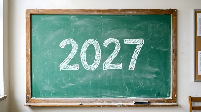 The year two thousand twenty seven is clearly and boldly written in bright white chalk on an aged green chalkboard inside a classroom