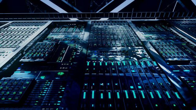 Data center server room racks with flashing neon blue led status lights. Horizontal camera panning movement to the right loop animation of a futuristic mainframe supercomputer for cloud computing.