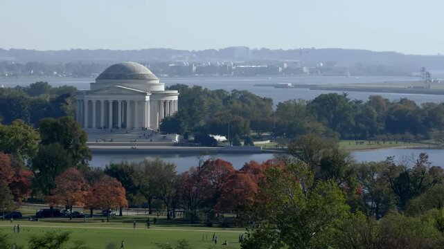 Jefferson Memorial and Tidal Basin in Washington DC, USA &ndash; Aerial View of Historic Landmark and Autumn Landscape