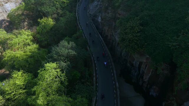 Aerial View of Bikers Riding Along Gwalior Fort Road Madhya Pradesh India