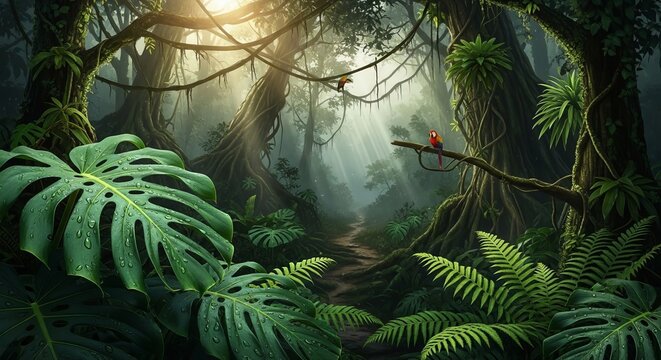 Enchanting Jungle Pathway Bathed in Golden Sunlight Rays.