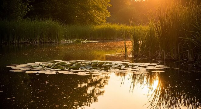 Golden Hour Serenity Tranquil Pond Reflecting Warm Sunlight Through Reeds.