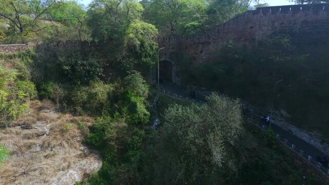 Aerial View of Bikers Riding Along Gwalior Fort Road Madhya Pradesh India