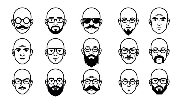 Set of vector icons showing various bald man faces with glasses, beards and mustaches