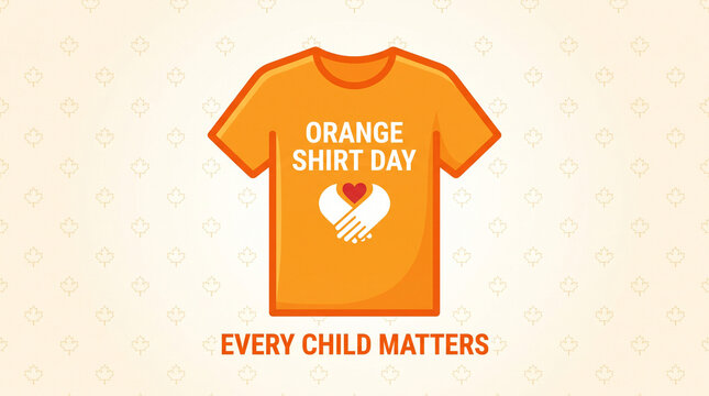 Orange shirt day graphic design with every child matters text and handshake symbol on light background
