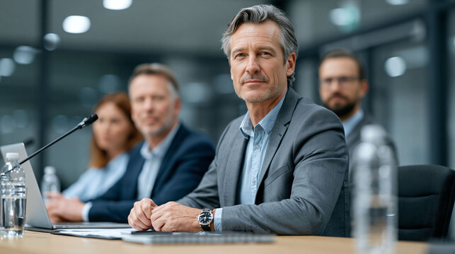 Modern annual general meeting focused on corporate accountability and governance, professional directors seated at a stage table, shareholders engaged in discussion, sophisticated conference room,