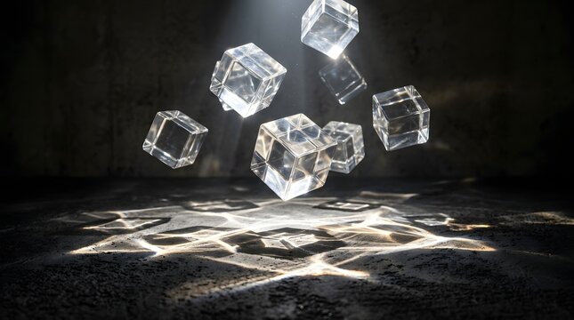 Floating transparent glass cubes illuminated by dramatic spotlights cast geometric refractions on a dark rustic stone textured ground surface below