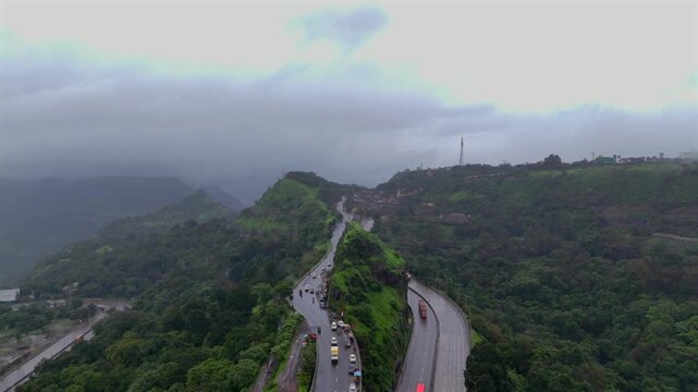Aerial View of Lonavala Hill Roads in Monsoon Western Ghats Maharashtra India