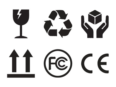 Set of Black Packaging and Regulatory Symbols Including Fragile, Recycle, and CE Mark