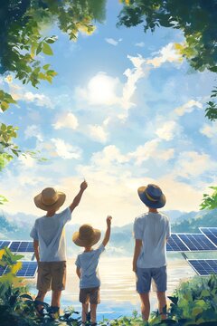 Happy family enjoys sunny day near solar panels, appreciating clean energy
