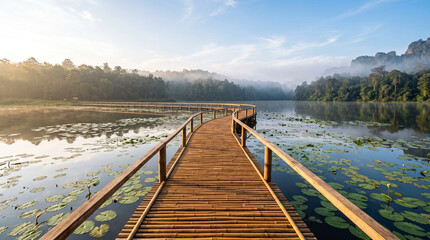 Fototapeta premium Wooden bridge over a calm lake with lotus flowers at sunrise in a misty forest landscape