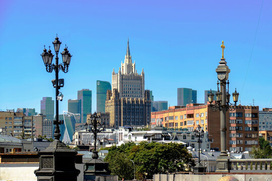 Moscow city view with Ministry of Foreign Affairs stalinist skyscraper and Moscow-City district. Sunny spring day