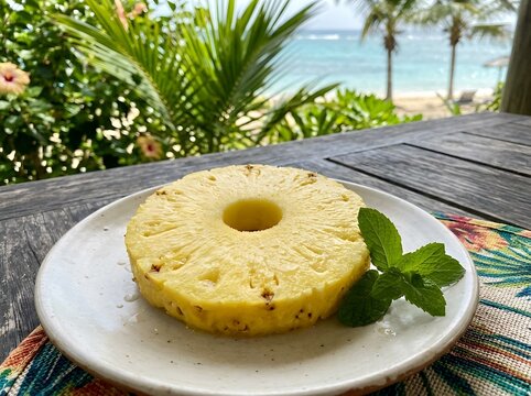 Fresh pineapple slice served on a plate with mint leaves on a wooden table at a tropical beach resort
