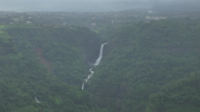 Aerial View of Lonavala Waterfall and Lush Green Hills During Monsoon Maharashtra India