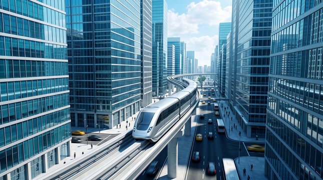 Modern monorail train moving between glass skyscrapers in a busy futuristic city center