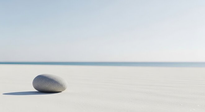 Serene Beach Landscape with Single Smooth Stone and Horizon.