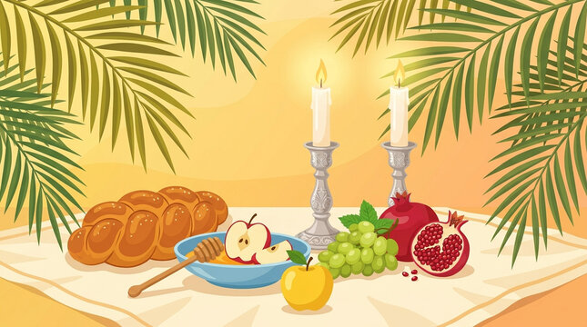 Jewish holiday table setting with challah bread honey candles fruits with lit candles surrounded green palm fronds festive table with apples grapes pomegranates, braided bread bowl