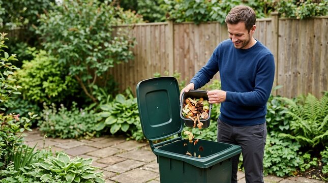 Man emptying food scraps into a compost bin. Male adult recycling organic waste in a garden. Sustainable living and environmental conservation concept