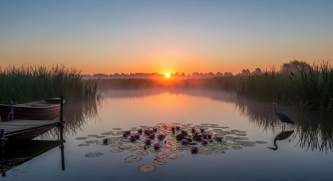 Serene Sunrise Over Calm Water with Heron and Lily Pads.