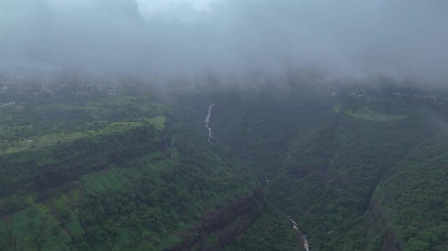 Aerial View of Lonavala Waterfall and Lush Green Hills During Monsoon Maharashtra India