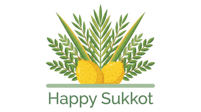 Happy sukkot greeting with citrus fruit with bright graphic displays leafy branches arranged Season Our Rejoicing plant based design arranged base text two citrus fruits with Etrog