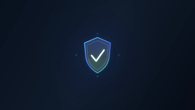 Futuristic glowing cyber security shield icon with checkmark on dark background