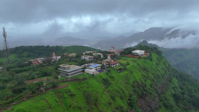 Aerial View of Lonavala Waterfall and Lush Green Hills During Monsoon Maharashtra India