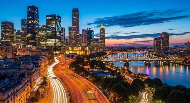 Vibrant Cityscape at Dusk with Illuminated Skyline and Traffic Trails 1.