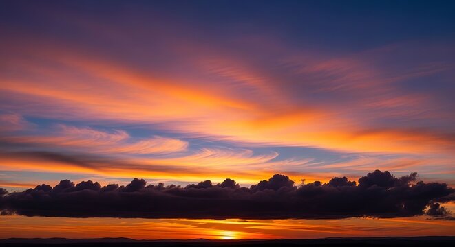 Vibrant Sunset Over Calm Water with Dramatic Clouds.