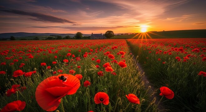 Vibrant Poppy Field at Sunset with Dramatic Sky.