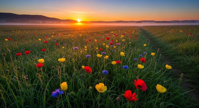 Vibrant Poppy Field at Sunrise with Misty Mountains.