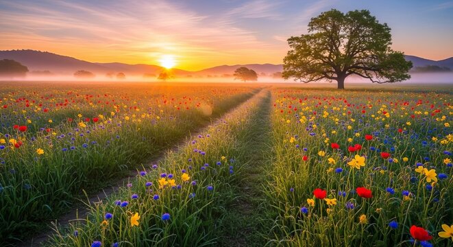 Vibrant Wildflower Meadow at Sunrise with a Majestic Oak Tree.