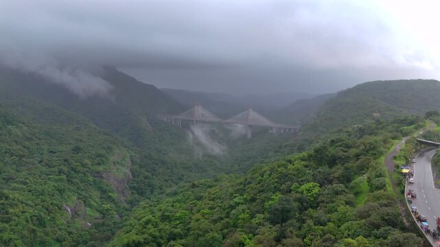 Aerial View of Mumbai Pune Expressway Missing Link Cable Stayed Bridge Lonavala Maharashtra India