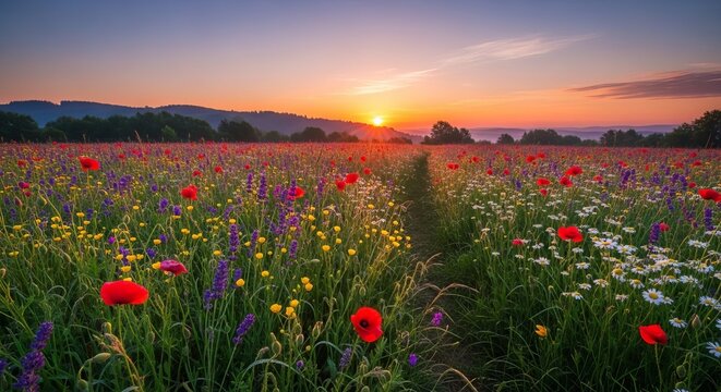 Vibrant Wildflower Meadow at Sunrise with a Path Leading Through.