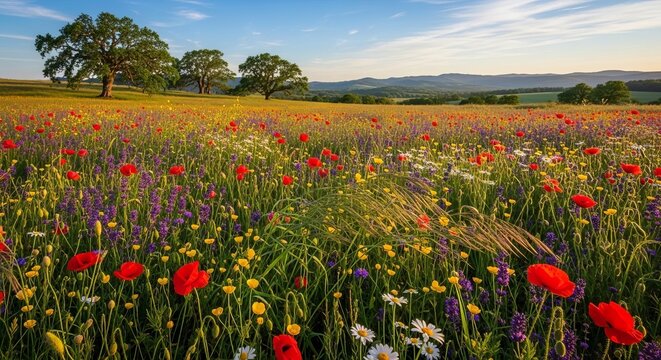 Vibrant Wildflower Meadow with Oak Trees at Sunset.