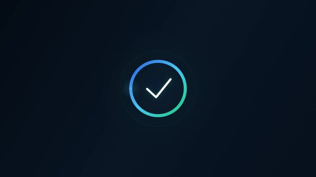 A sleek, modern checkmark icon, illuminated with a subtle gradient of blue and green, centered on a dark, minimalist background, suggesting completion or success