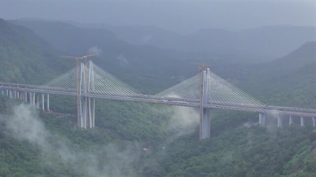 Aerial View of Mumbai Pune Expressway Missing Link Cable Stayed Bridge Lonavala Maharashtra India