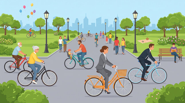 Diverse group cycling and walking in urban park on world car free day celebration with Sustainable Urban Mobility Public Transit Awareness Reduce Carbon Footprint Walk Bike Work